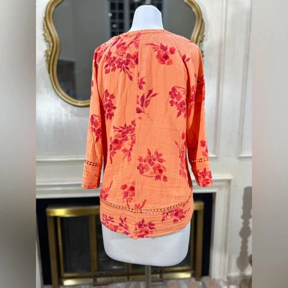 Soft Surroundings Floral Tunic M Coral Peach Boho Crinkle Cotton Gauze 3/4 slv - Picture 6 of 10